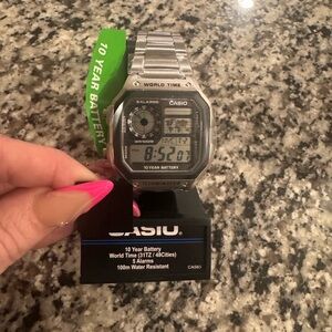 Casio Digital World Time Watch - Silver with Black Dial Accents